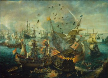 Cornelis van Wieringen attrib Het ploffen van het Spaanse admiraalschip tijdens de zeeslag bij Gibraltar Pinturas al óleo